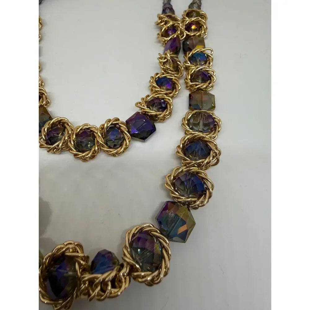 Purple Iridescent Statement Necklace Gold Tone Double Strand Faceted Glass Beads